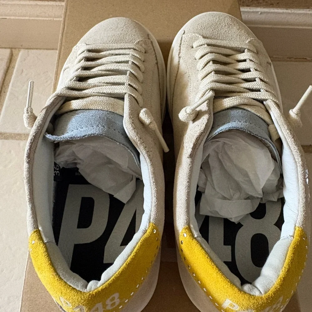 P448 Beige Suede Low-Top Sneakers with Yellow Heel - Picture 2 of 8